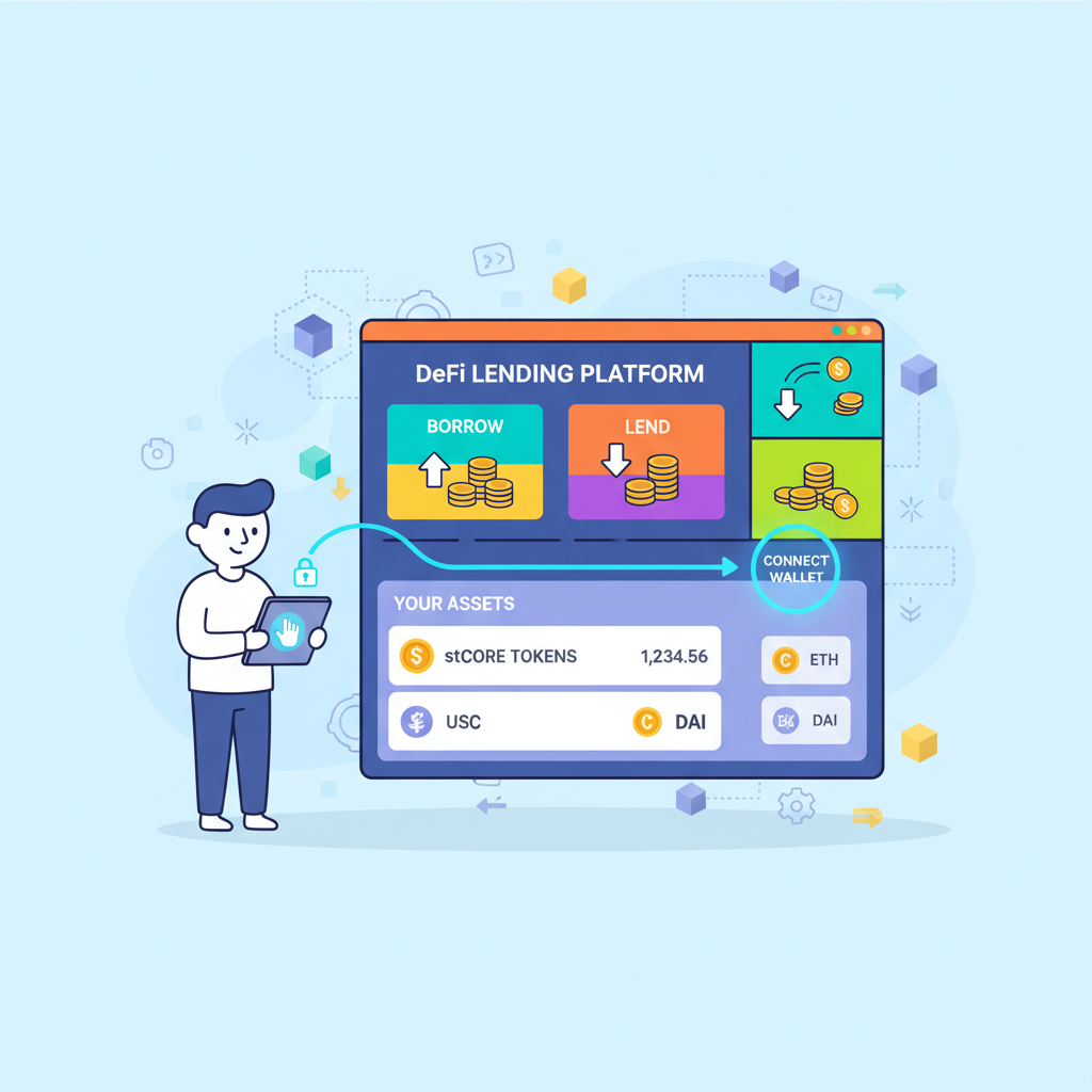 cartoon user connecting wallet to colorful DeFi lending dashboard with stCORE tokens and blockchain elements