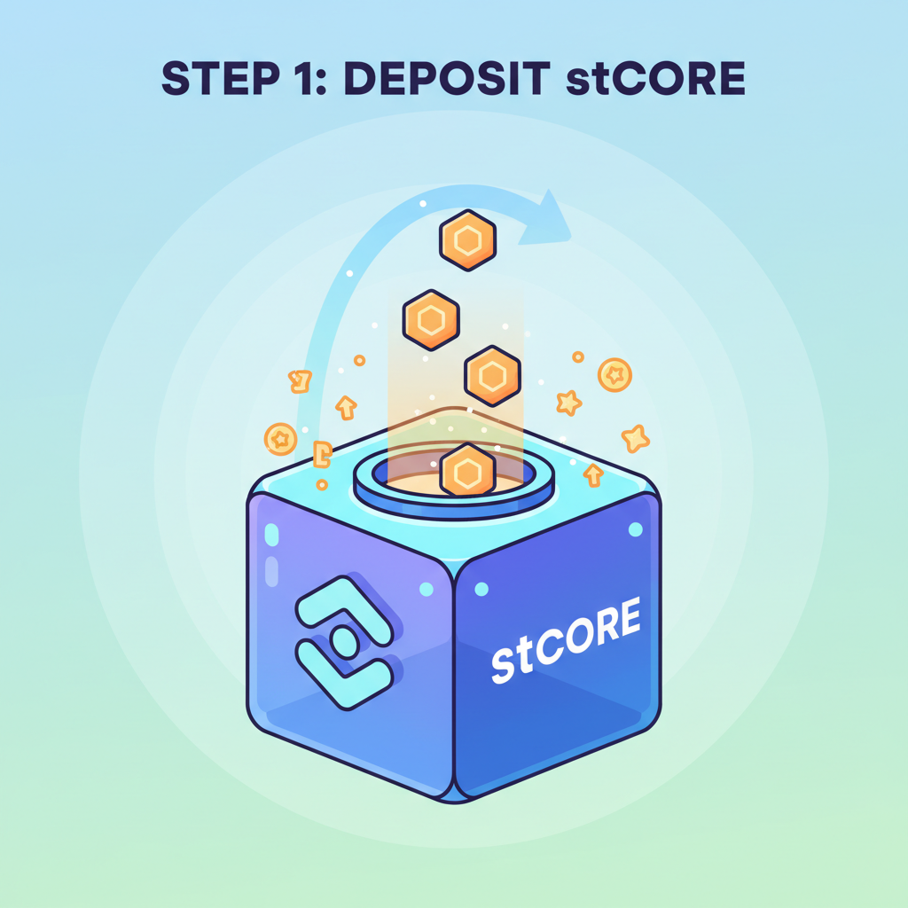 illustration of stCORE tokens being deposited into a glowing lending vault, reward icons accruing