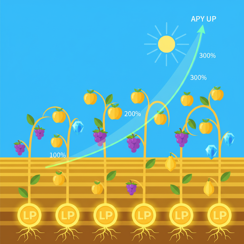 LP tokens planted in a golden farm field, growing yield fruits and APY charts upward