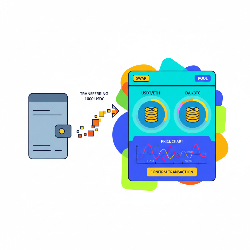 wallet transferring stablecoins to vibrant DEX interface with liquidity pools and charts