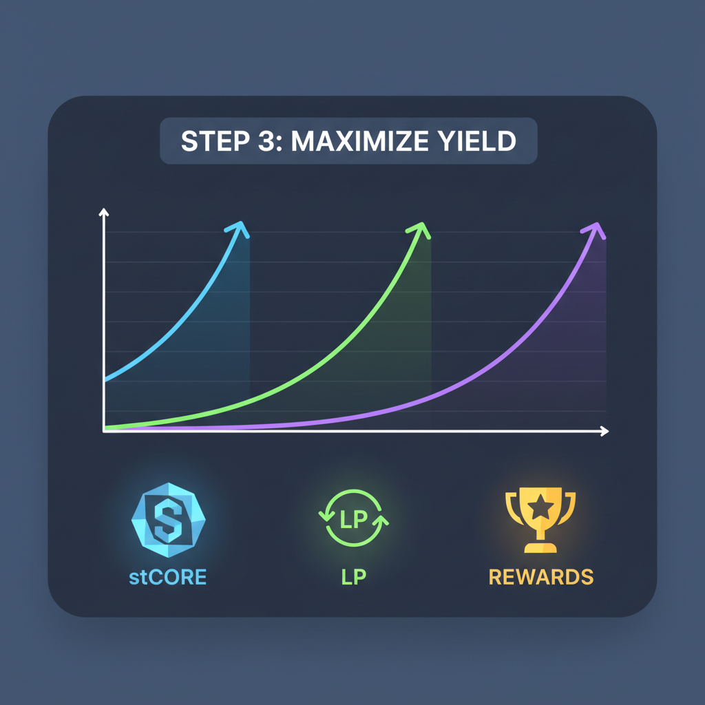 dashboard screen with multiple yield graphs rising, stCORE, LP, and reward icons pulsing