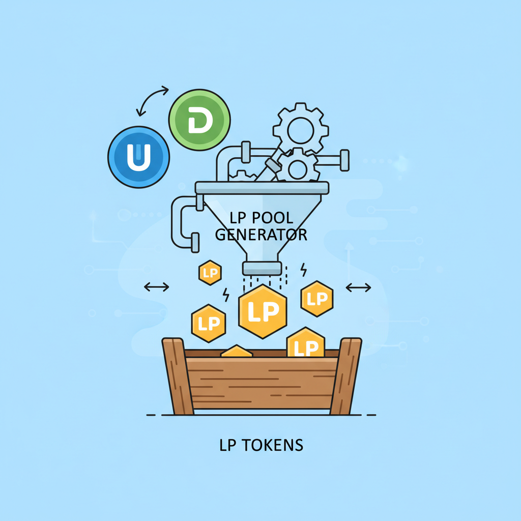 mixing stablecoin icons into LP pool generator, LP tokens emerging from a farm trough