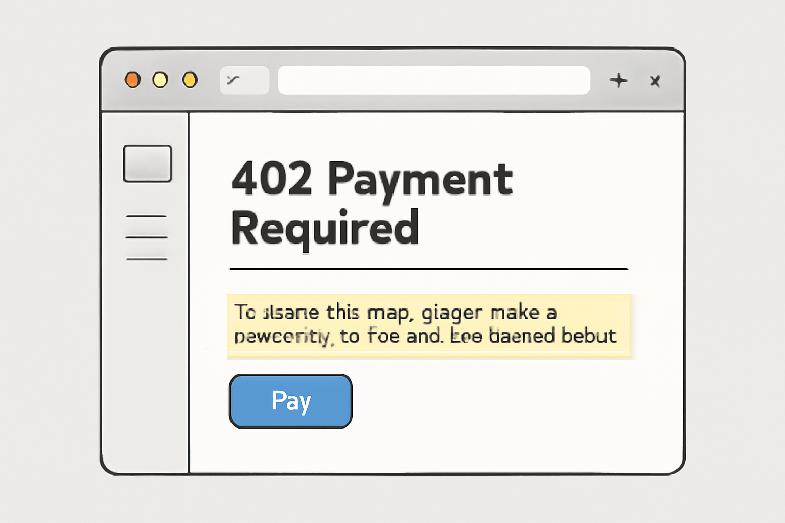 A browser window showing a 402 Payment Required message, with payment instructions highlighted, technical web UI, HTTP status code visible, insightful and clear