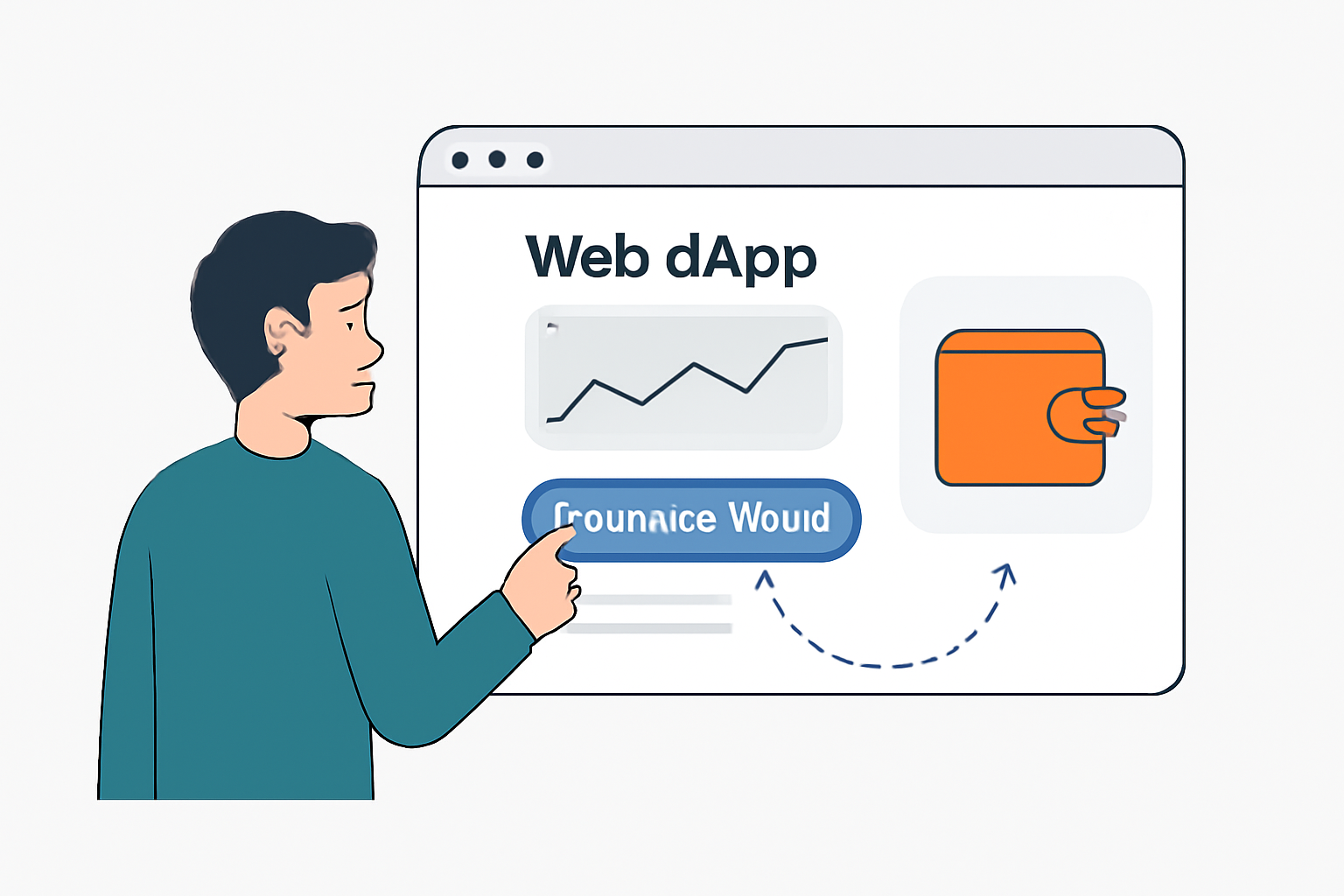 A user connecting a crypto wallet like MetaMask to a web dApp interface, digital wallet icon, modern UI, clear connection flow, analytical style