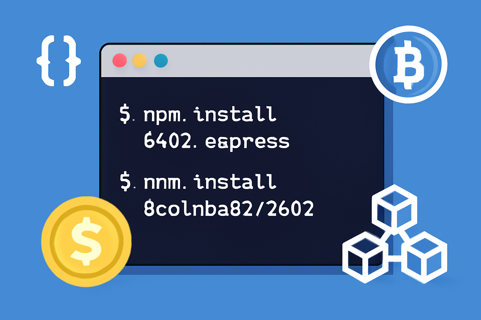 Terminal window showing npm install commands for x402-express and @coinbase/x402, with code and crypto motifs.