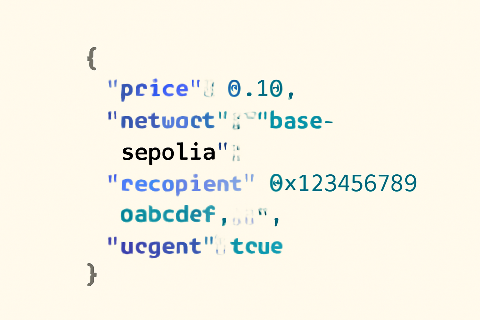A close-up of a JSON payment instruction with price $0.10, network Base Sepolia, and a wallet address, code snippet style, data-driven and precise