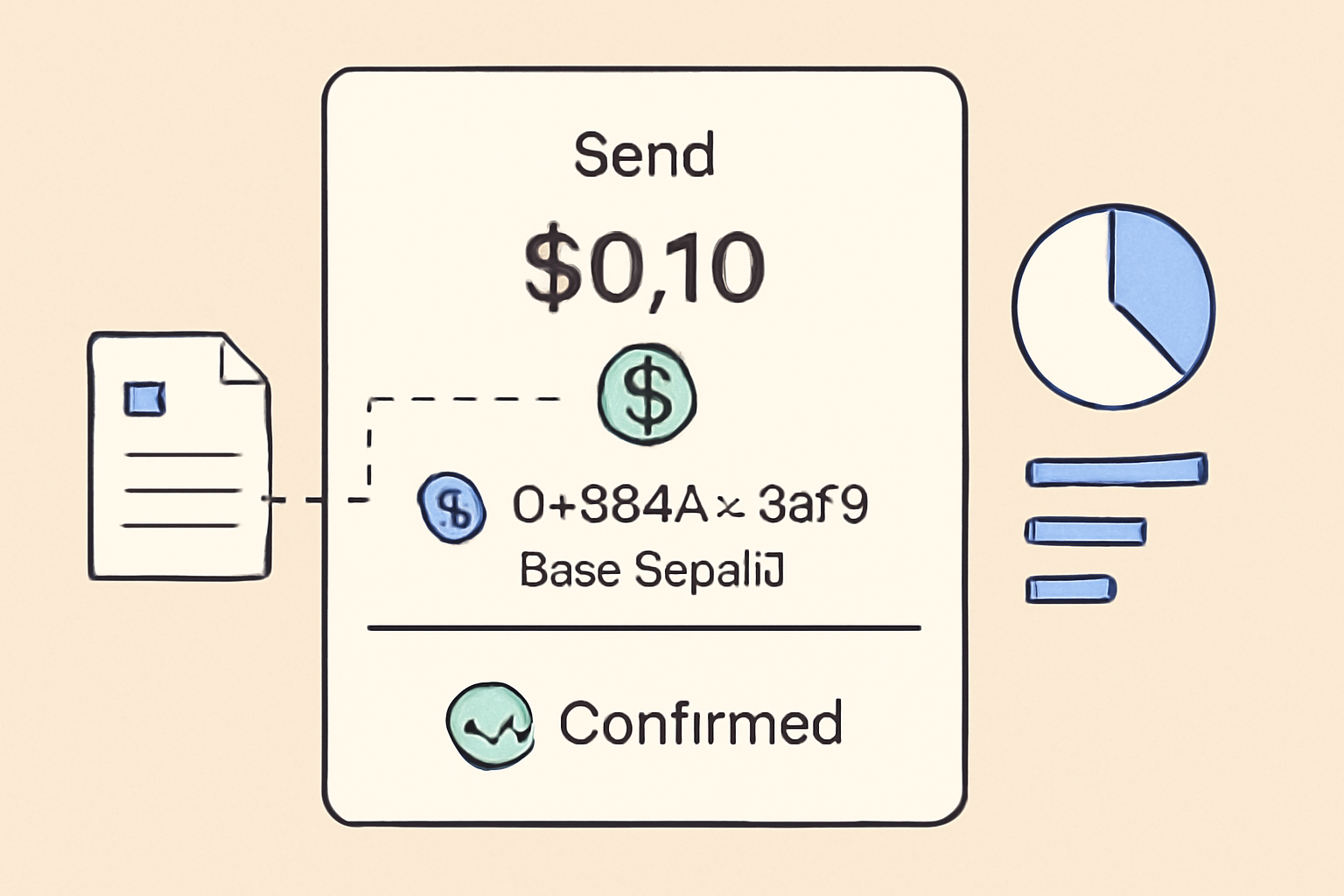 A digital wallet interface sending $0.10 in stablecoin to an address on Base Sepolia, transaction confirmation, blockchain elements, analytical design