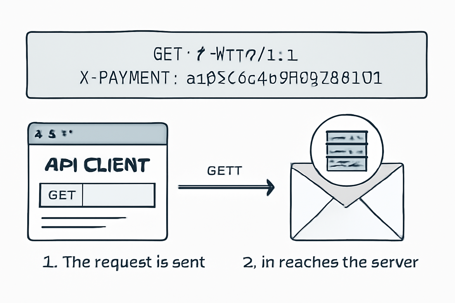 A web request with an X-PAYMENT header containing a transaction hash, API client UI, technical and insightful visualization