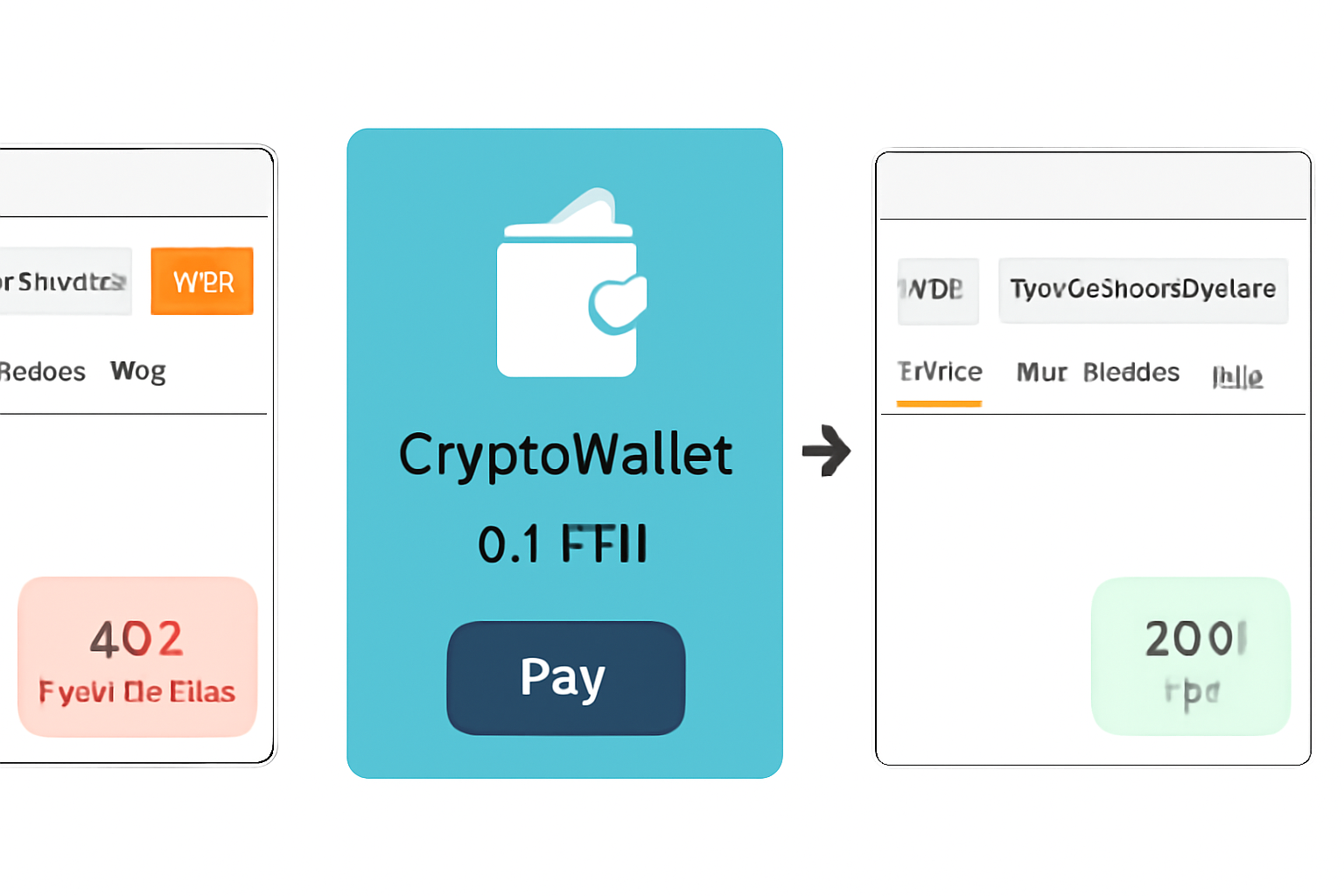 API testing tool (like Postman) showing a 402 Payment Required response, crypto wallet UI, and successful request flow.