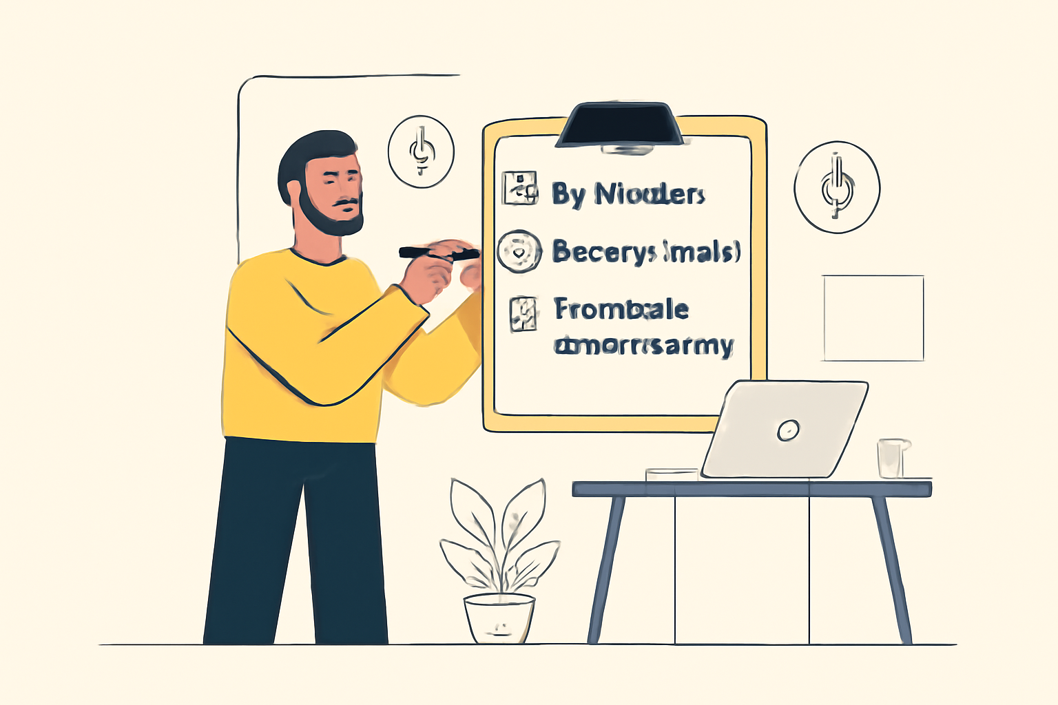 A developer checking a checklist: EVM wallet, Node.js installed, Express.js server running, modern workspace, crypto icons.