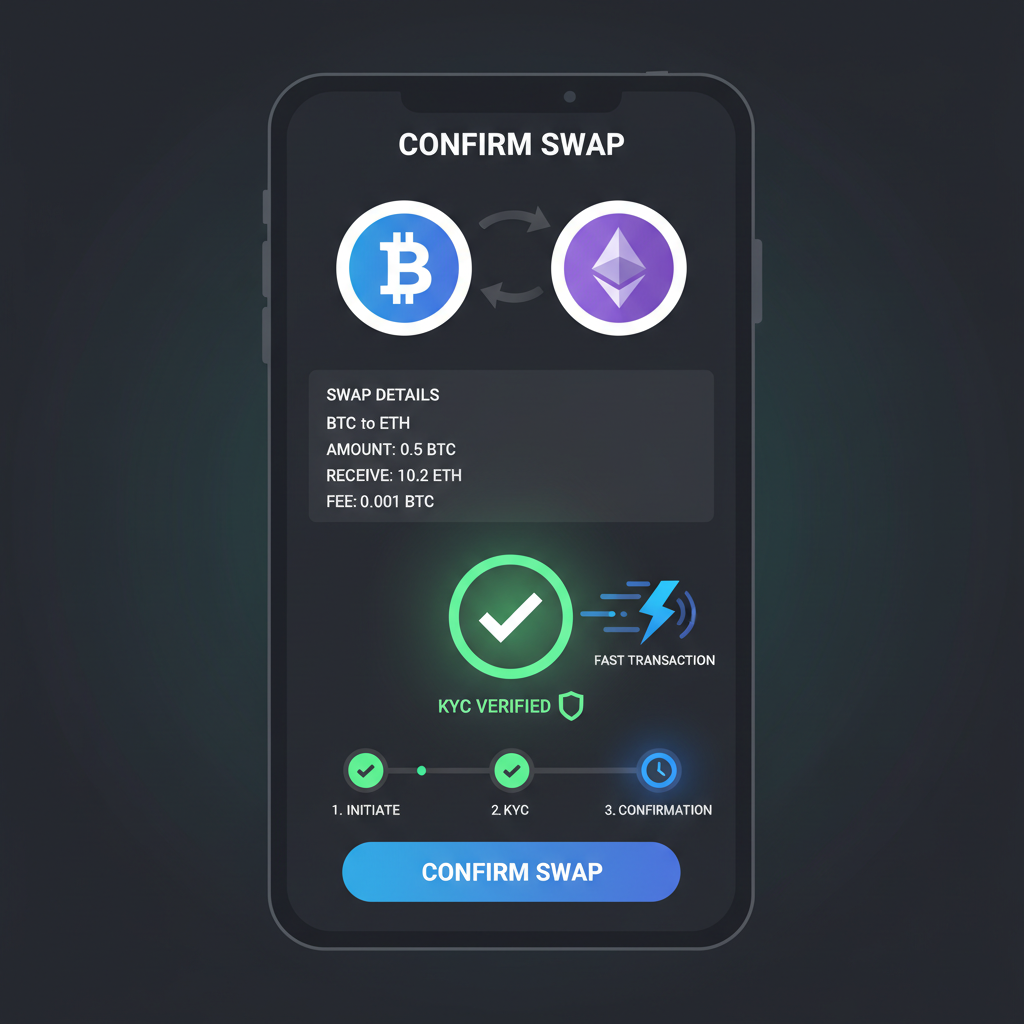 confirmation screen for crypto swap, KYC checkmark, fast lightning bolt animation, professional dark mode UI