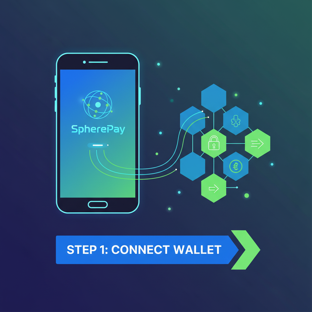sleek mobile wallet connecting to blockchain interface, futuristic UI, SpherePay branding, neon blues and greens