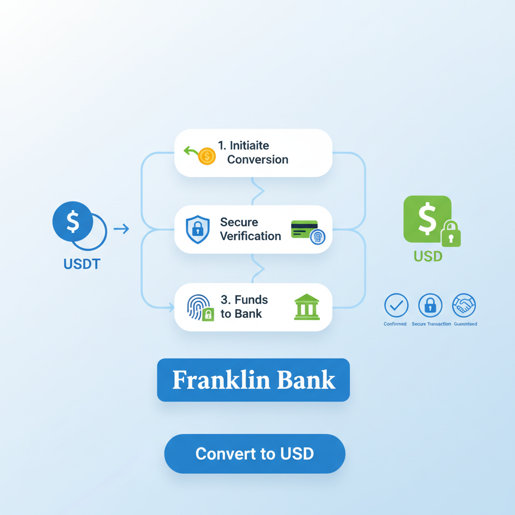 off-ramp interface converting USDT to USD, Franklin branding, smooth flow diagram, secure banking icons