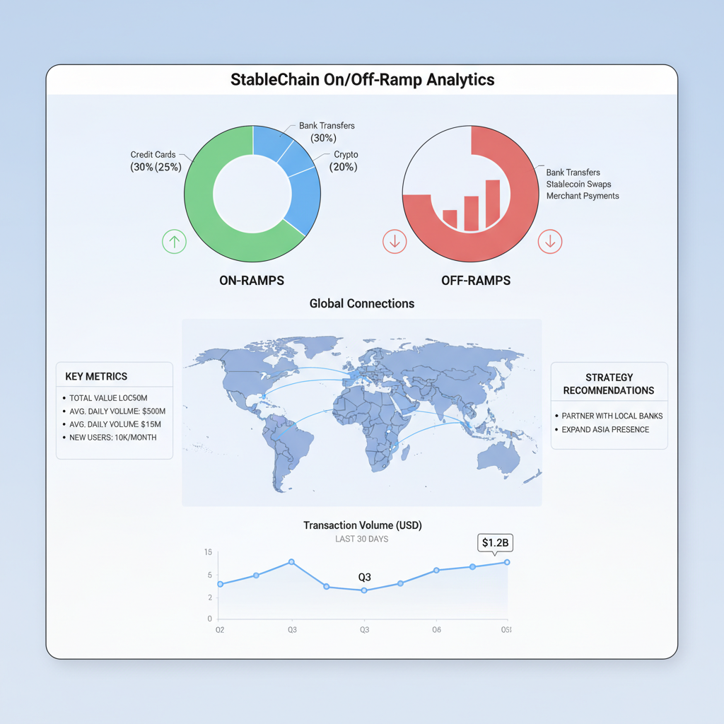 dashboard overview of on/off-ramps on StableChain, charts and global connections, strategic analytics UI