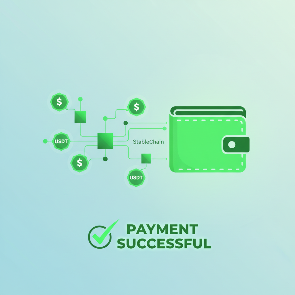 USDT tokens arriving in wallet, StableChain blockchain visualization, payment success animation, green glow