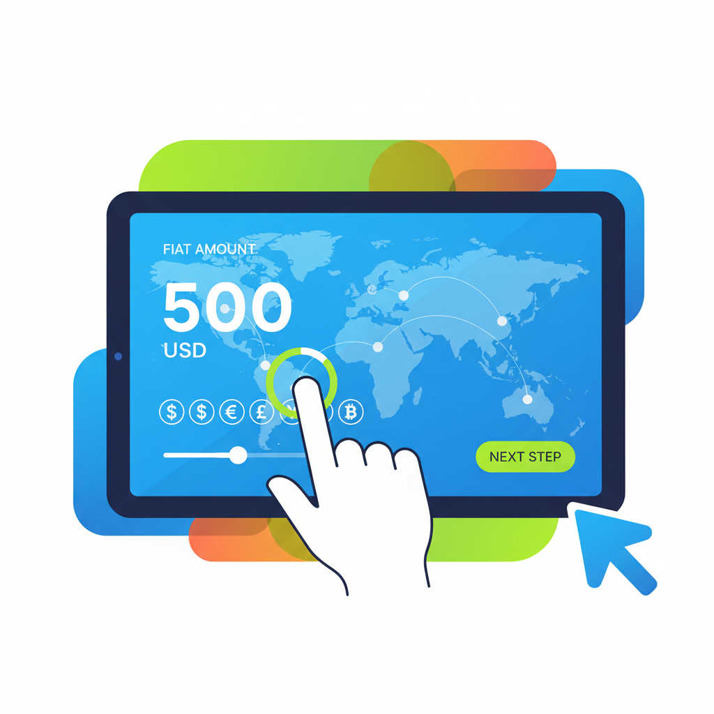 user selecting fiat amount on clean app dashboard, currency icons, global map background, vibrant interface