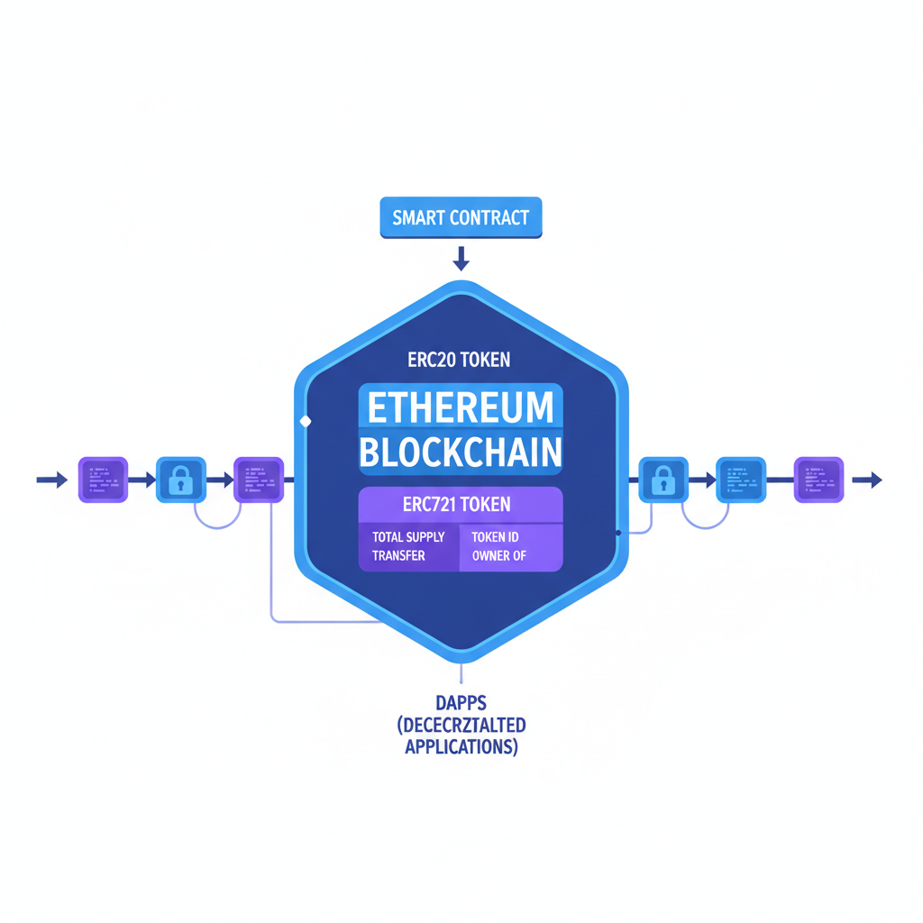 ethereum erc20 erc721 token design blueprint, blockchain diagram, blue purple tones