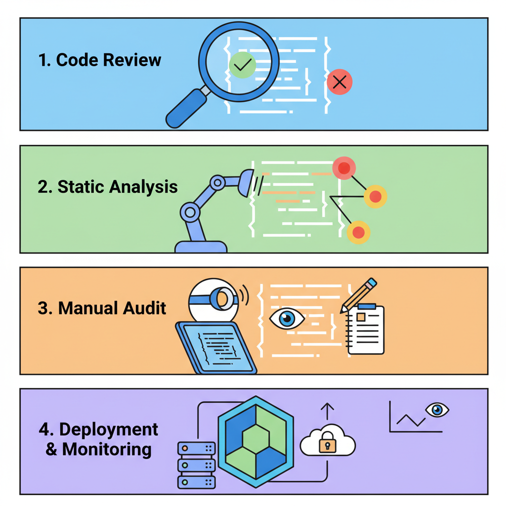 smart contract audit process, code review with magnifying glass, blockchain security shield