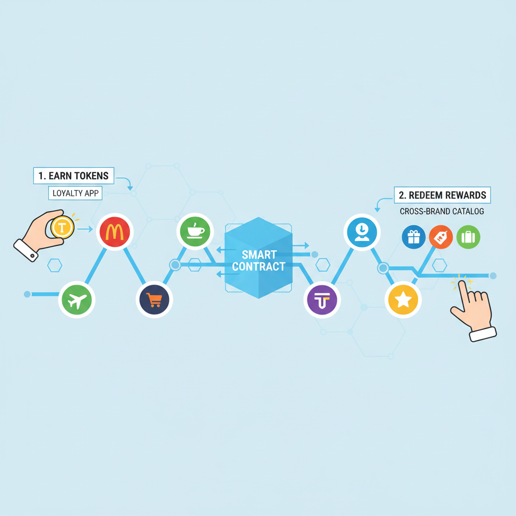 cross-brand loyalty token redemption network, interconnected brand logos on blockchain