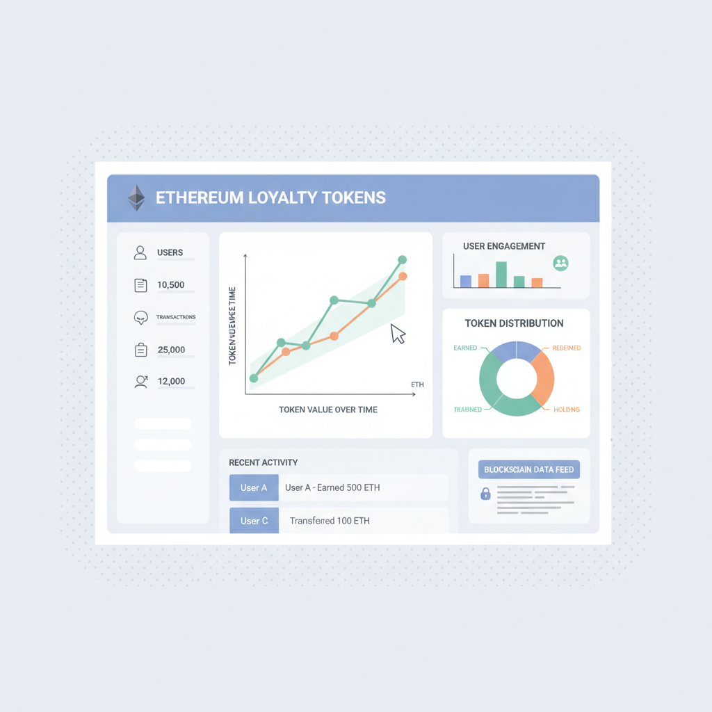 crm dashboard monitoring ethereum loyalty tokens, charts graphs blockchain data
