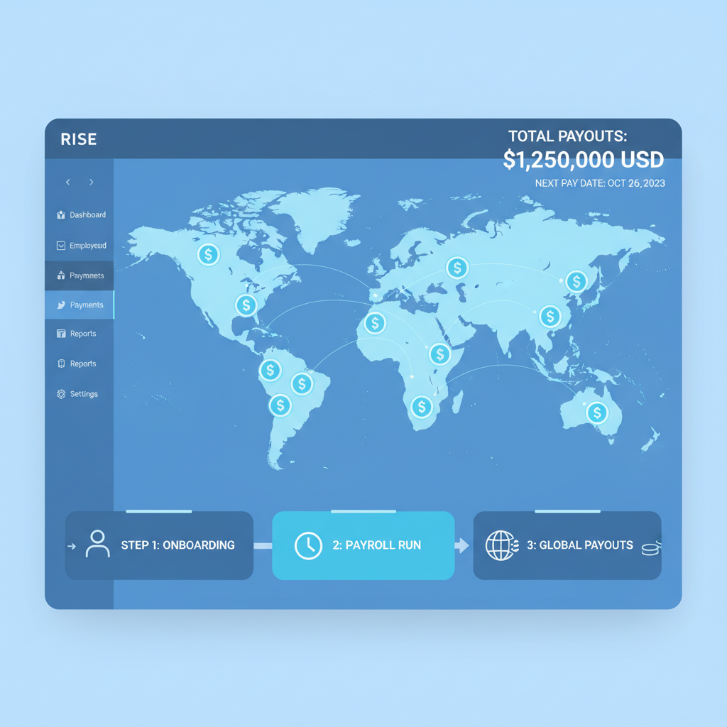 sleek modern dashboard of payroll platform Rise or Remote, global map with USDC icons, professional blue tones, futuristic interface