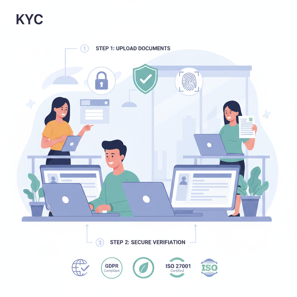 professional team members submitting KYC documents on laptop, secure verification icons, global compliance badges, clean office setting