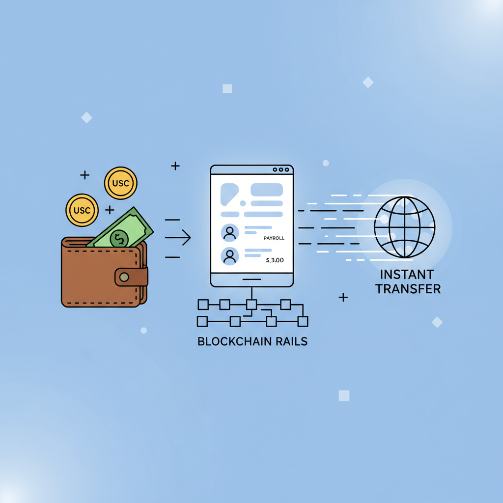 wallet funding payroll with USDC coins and fiat dollars flowing into digital platform, blockchain rails, speed lines indicating instant transfer