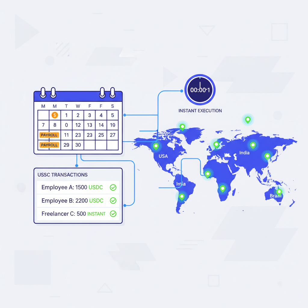 calendar interface scheduling payroll, USDC transactions firing off to world map pins, clock showing instant execution, vibrant tech style