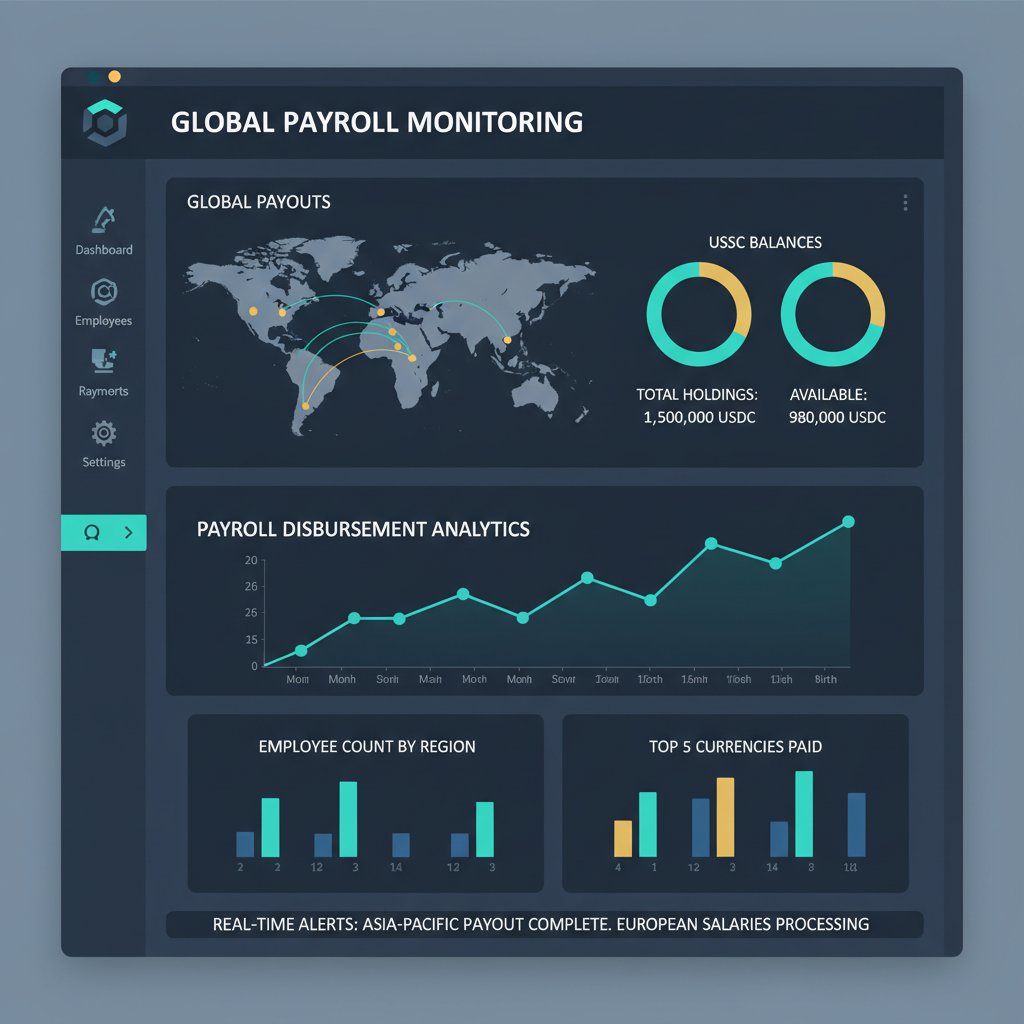 comprehensive payroll dashboard with charts, global payout maps, USDC balances, monitoring analytics, dark mode professional UI