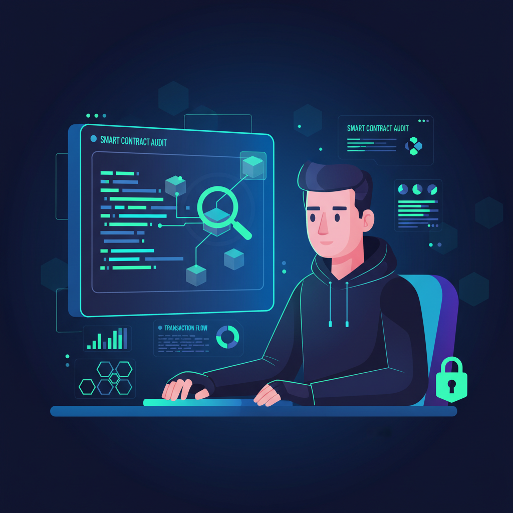 cybersecurity researcher analyzing blockchain code on dark-themed screen, futuristic UI, neon highlights