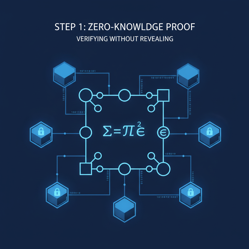 abstract zero-knowledge proof circuit glowing blue, mathematical symbols, blockchain nodes connecting