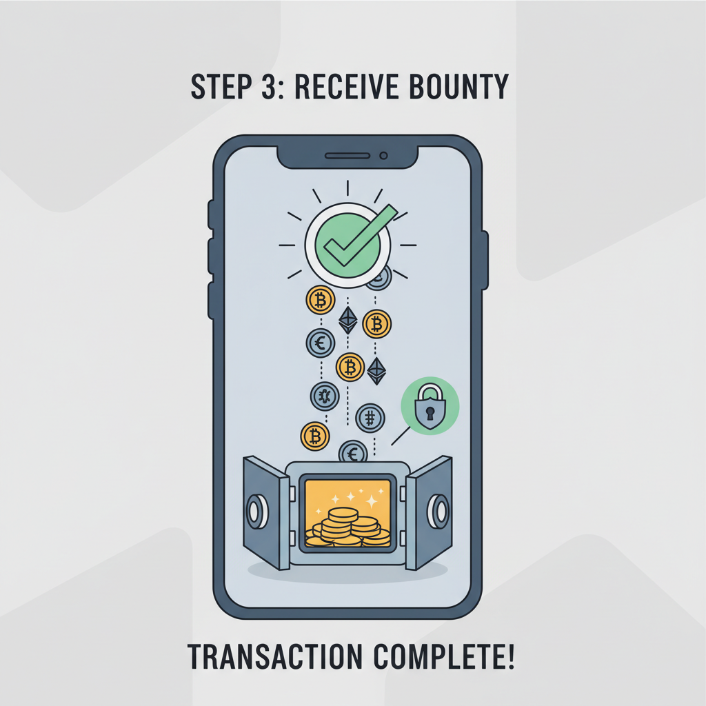 digital wallet receiving crypto bounty, success checkmark, secure vault opening