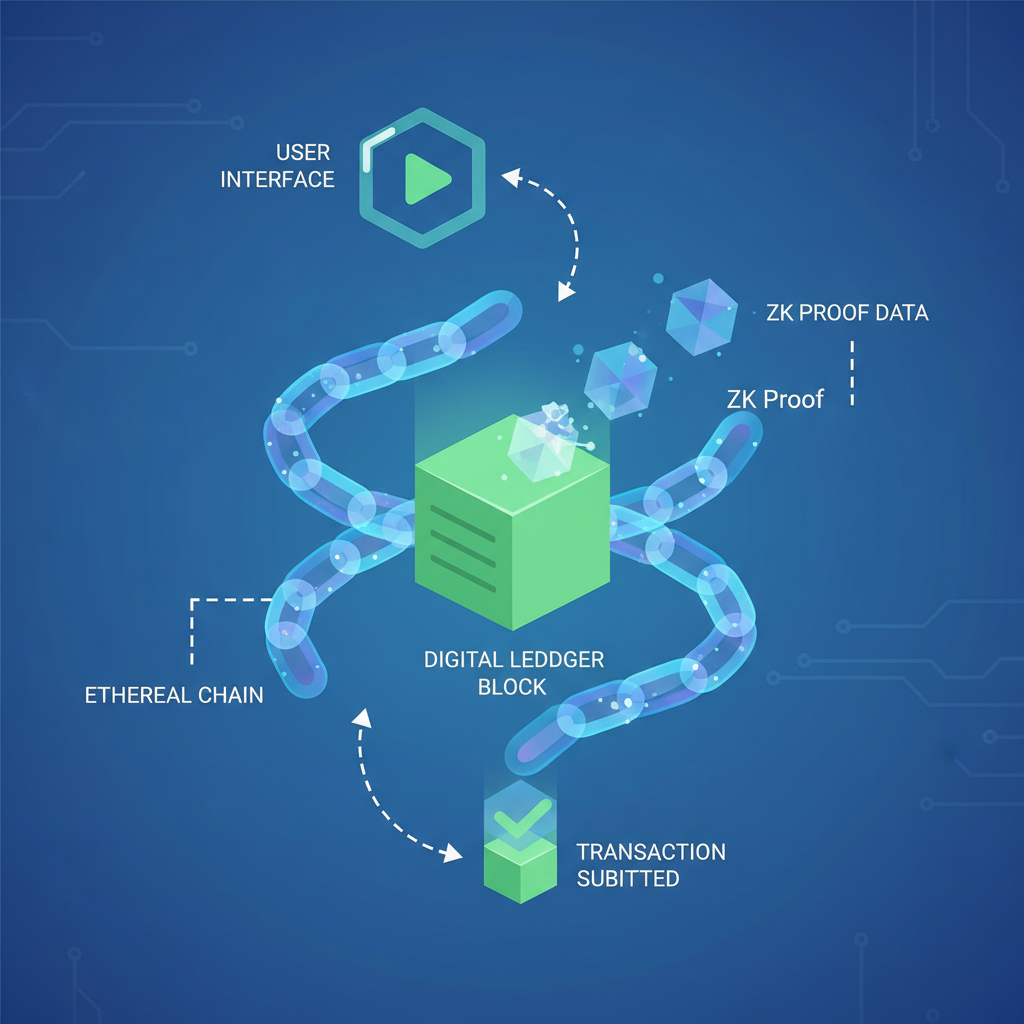 blockchain transaction submitting ZK proof, ethereal chain links, digital ledger glowing green