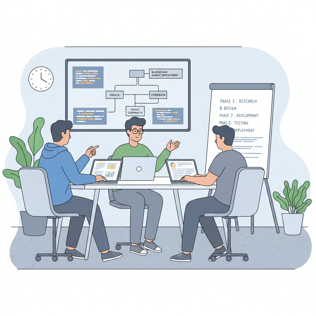 enterprise team planning blockchain subnet deployment on laptops, tech-savvy analysts reviewing charts, modern office