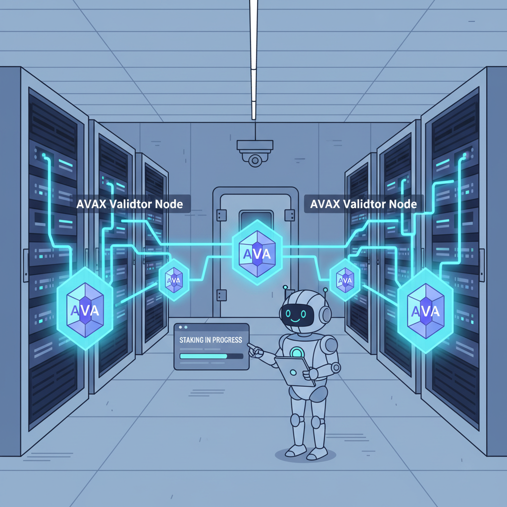validators staking AVAX nodes in a secure data center, glowing blockchain nodes connected