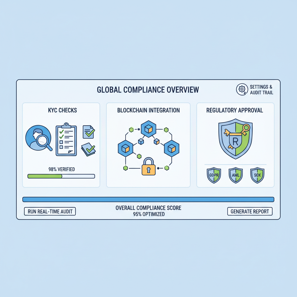 compliance dashboard with KYC checks, blockchain icons, regulatory shields and locks