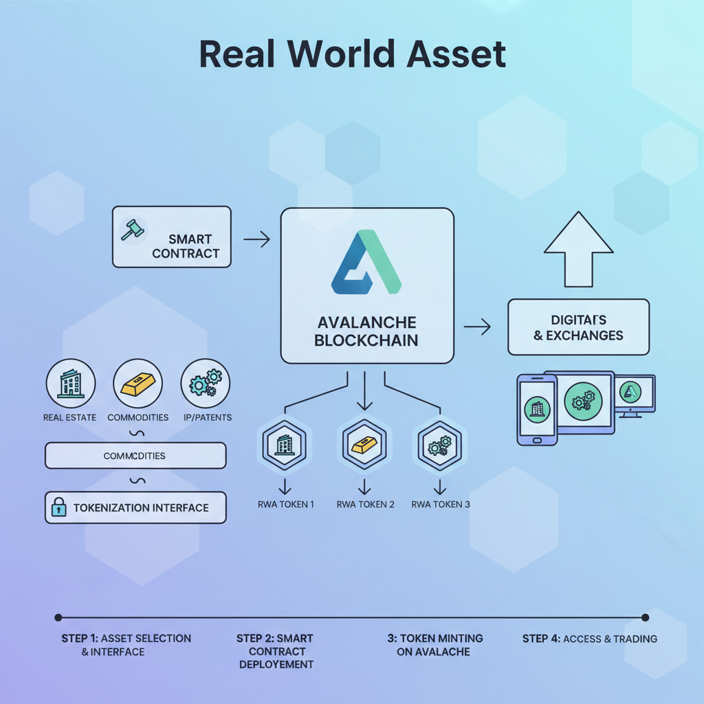 smart contracts deploying RWA tokens on Avalanche, asset icons tokenizing into blockchain