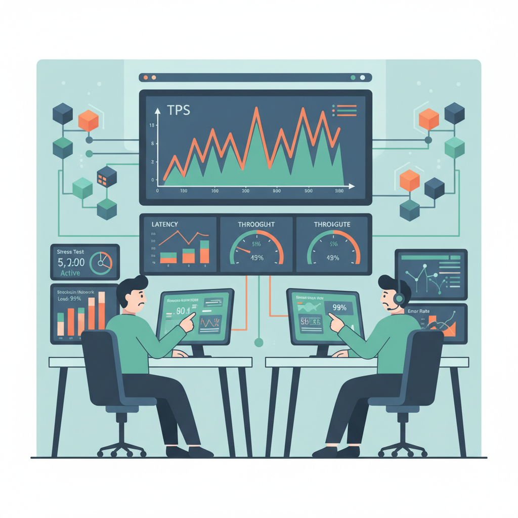 stress testing blockchain network, graphs spiking TPS, monitoring dashboards in control room