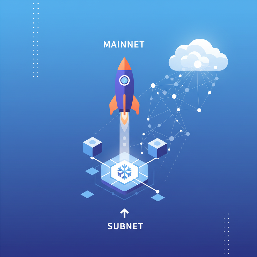 deploying subnet to mainnet, rocket launch from blockchain platform, Avalanche logo