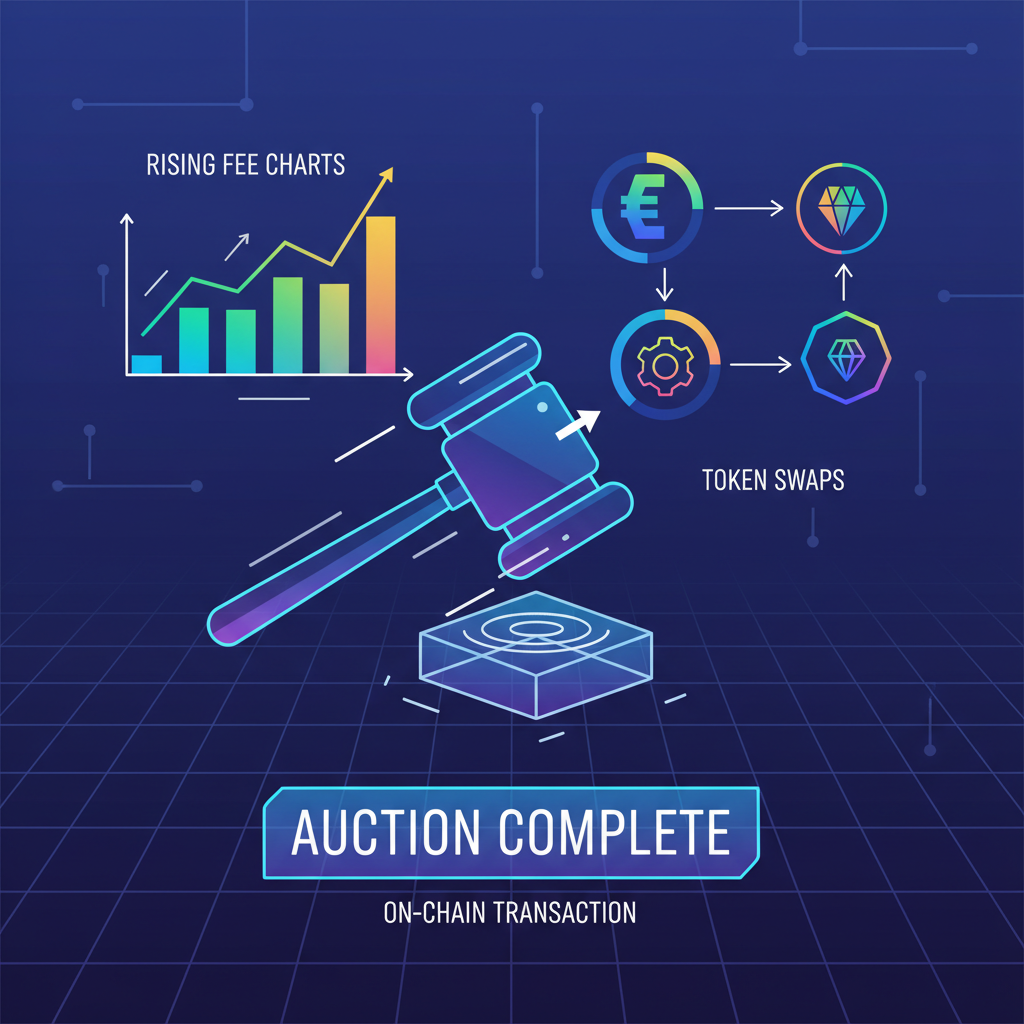 dynamic on-chain auction gavel striking with rising fee charts and token swaps, futuristic digital art