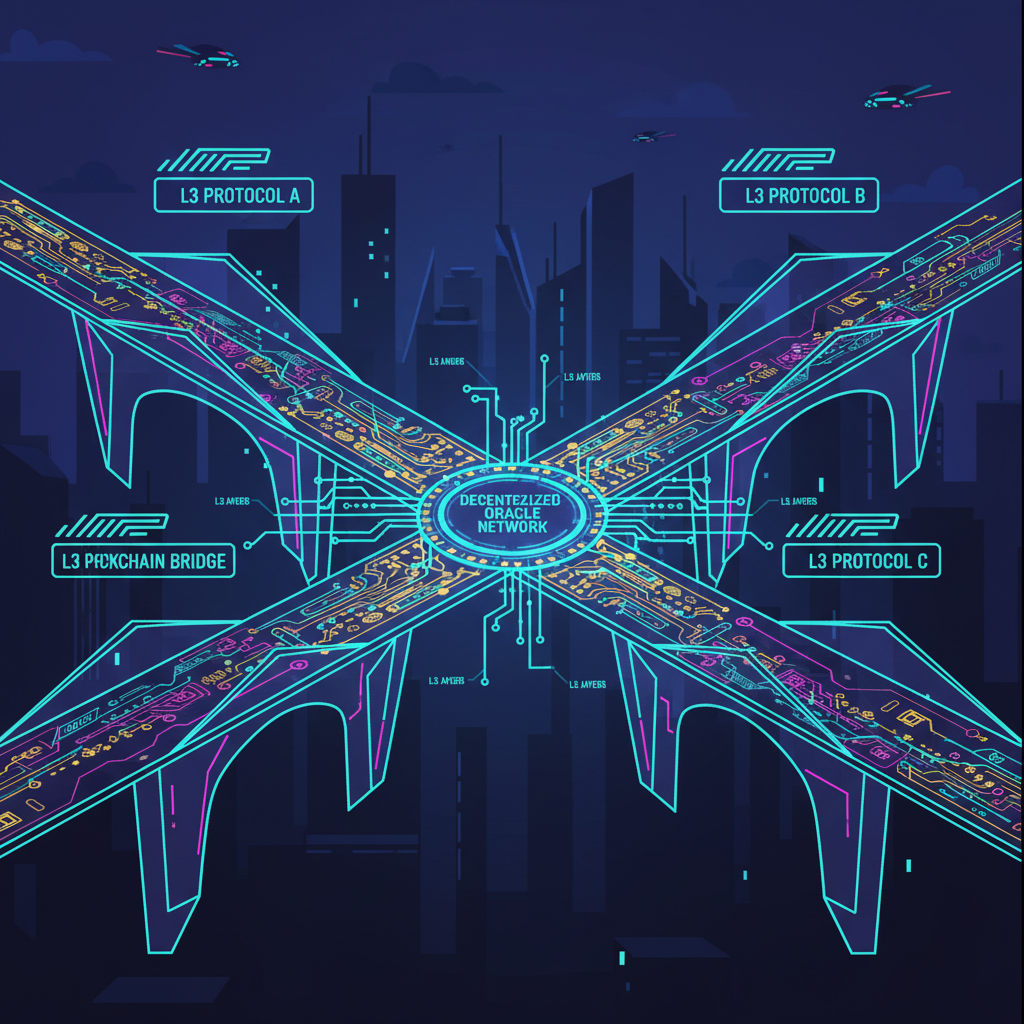 futuristic blockchain bridges linking L3 layers with glowing oracle data streams, cyberpunk neon style