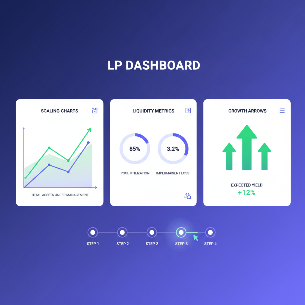 sleek LP dashboard with scaling charts, liquidity metrics, and growth arrows, modern UI design