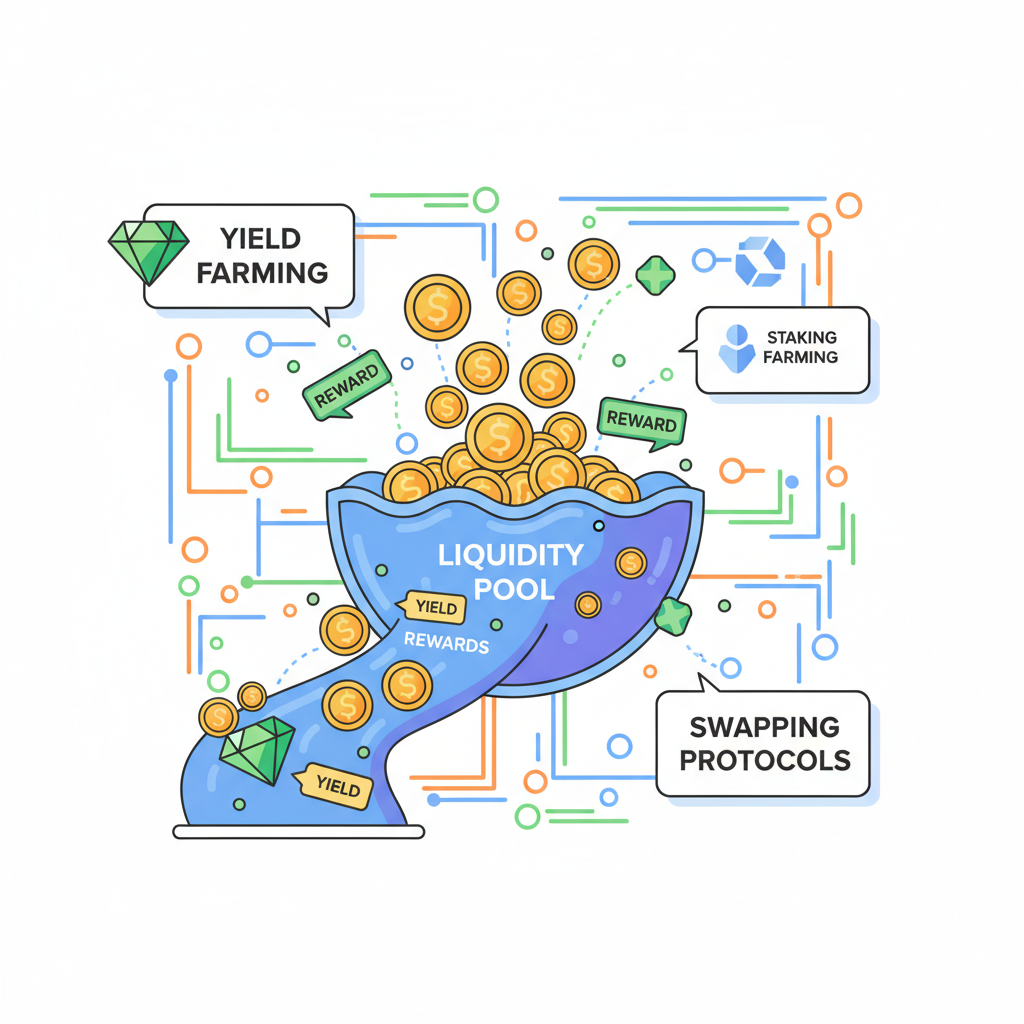 vibrant liquidity pool overflowing with golden tokens and incentive rewards, DeFi ecosystem illustration