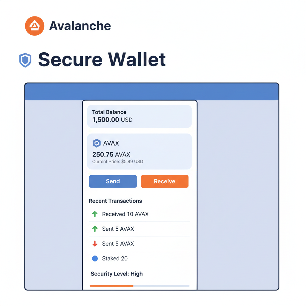 secure crypto wallet interface with AVAX tokens and Avalanche logo, professional enterprise style