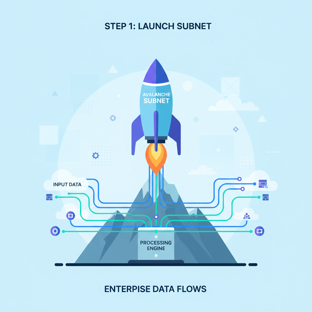 launching Avalanche subnet rocket blasting off mountain peak, enterprise data flows
