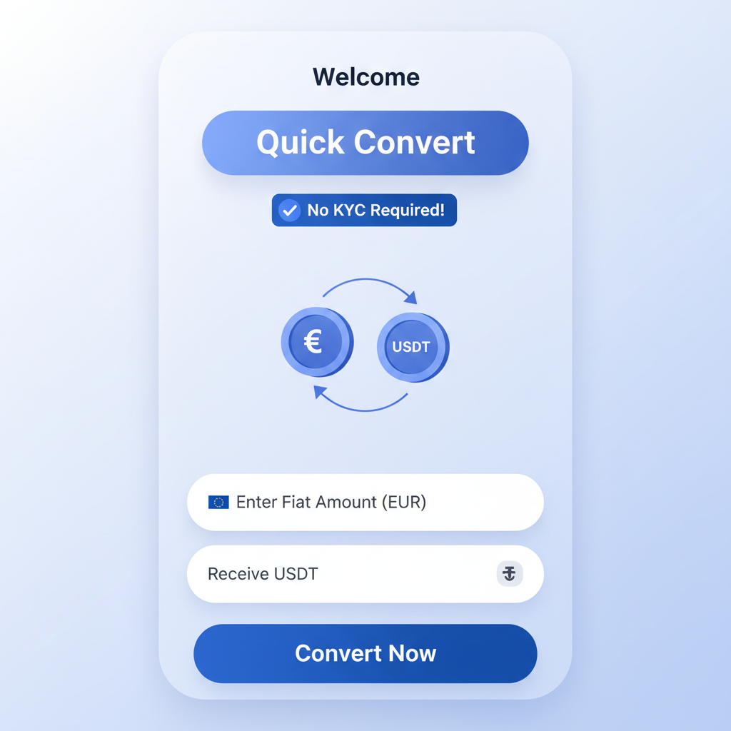 sleek mobile app interface showing fiat to USDT conversion, no KYC option highlighted, modern UI, blue tones