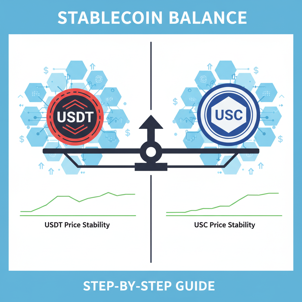 split screen USDT and USDC icons balancing on scales, blockchain network background, stable price charts