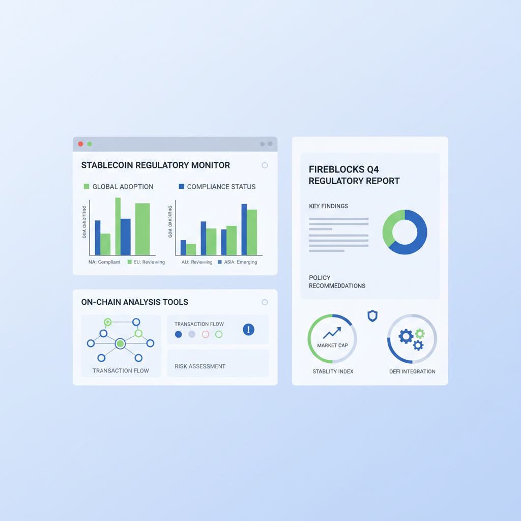 dashboard monitoring stablecoin regulations, on-chain analysis tools, Fireblocks report open, analytical charts