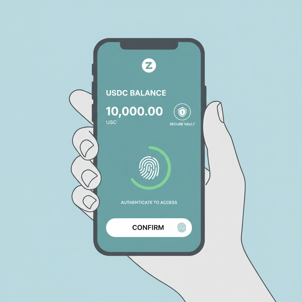 Zengo wallet app on phone displaying USDC balance, secure vault icon, fingerprint authentication, minimalist design