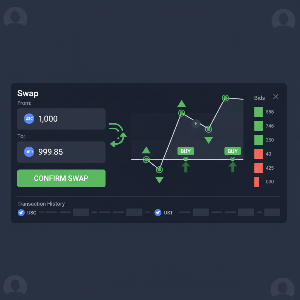 decentralized exchange trading chart with stablecoin swaps, anonymous user interface, dark mode, green buy signals